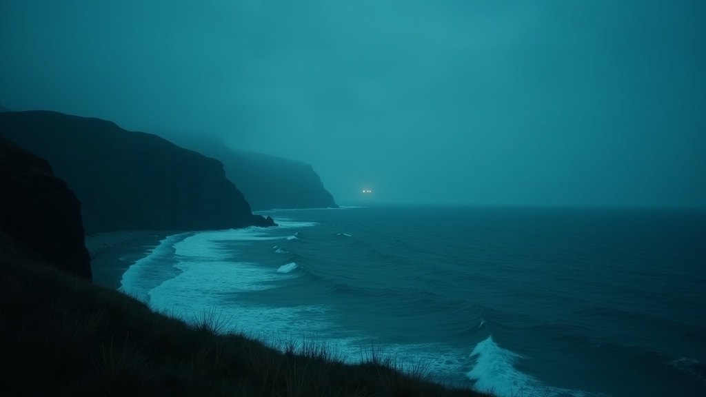 A windswept coastline at dusk